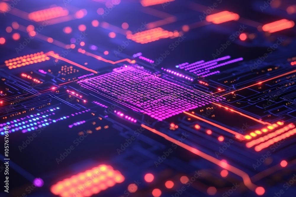 Poster futuristic circuit board with vibrant neon lights and digital patterns in a tech environment