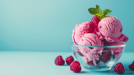 Scoops of pink ice cream with berries in a glass bowl on a blue background, featuring ample copy space for text, showcasing a berry fruit mix concept