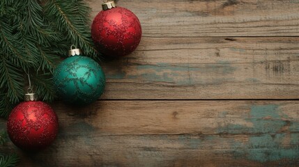 Christmas Ornaments on Rustic Wooden Background