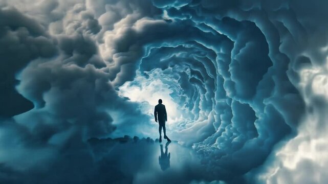 A solitary figure walks through a tunnel of swirling clouds, heading towards a bright blue-white light, symbolizing the passage from life to the afterlife or a near-death experience.