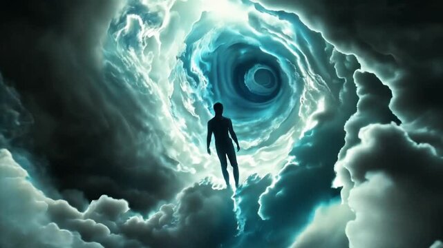 Silhouette figure ascending towards swirling cosmic portal. Mystical journey through ethereal clouds, illuminated by radiant energy. Transcendent exploration of otherworldly spiritual dimensions