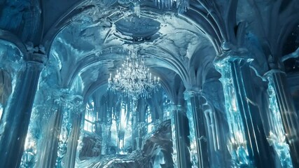 Frozen ballroom with ornate ice sculptures and a glistening chandelier, sunlight streaming through frost-covered windows creating a magical ambiance. Interior of a magical palace or castle - Powered by Adobe