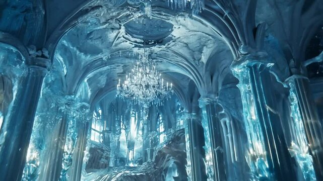 Frozen ballroom with ornate ice sculptures and a glistening chandelier, sunlight streaming through frost-covered windows creating a magical ambiance. Interior of a magical palace or castle