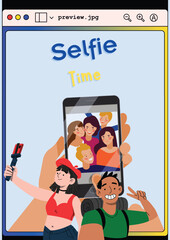 Obraz premium Vector illustration of two young men and women posing for a selfie in the middle of a holiday to record sweet memories