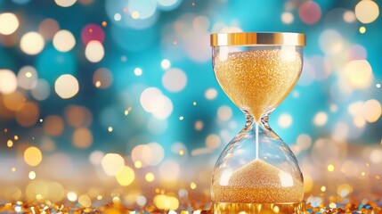 hourglass witg golden sand at a new years eve party blurred background 