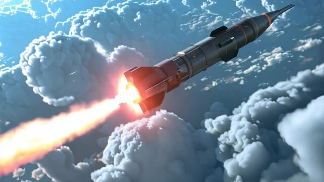 Ballistic missile launching through cloud cover, trailing flames and smoke. Powerful propulsion system visible in detailed 3D rendering over the clouds