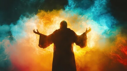 mystical scene of a sorcerer casting spells, vibrant colors representing magical energies, with double exposure effects highlighting enchanting silhouettes and powerful gestures