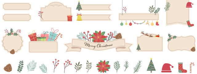 クリスマスの装飾バナー、フレーム、アイコンセット　テキスト無し　ベクターイラスト　あしらい　見出し　タイトル