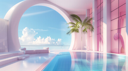 minimalistic architecture with a blue sky, clouds, swimming pool, and pink geometric shapes, surrounded by tropical plants for a serene, modern look