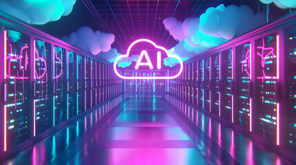 3D illustration of a glowing neon "AI" cloud icon floating before modern data center servers, featuring a colorful holographic text effect for a futuristic look.