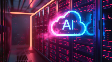 3D illustration of a glowing neon "AI" cloud icon floating before modern data center servers, featuring a colorful holographic text effect for a futuristic look.