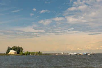 Pier with a view of the Imperial Yachts Museum with a pier in the lower park of Peterhof