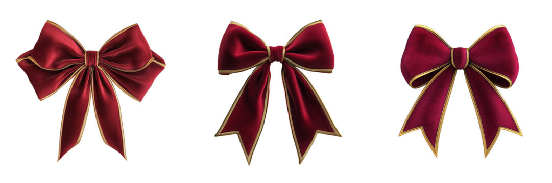 A large, luxurious bow made of red velvet fabric with gold trim, perfect for tree toppers or decorating large gifts, isolated on a transparent background 