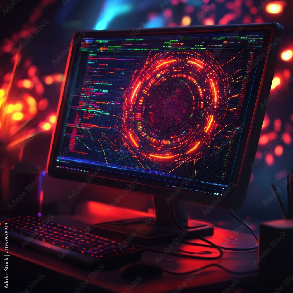 Poster exploring the intricacies of modern technology through data visualization and digital artistry