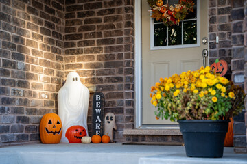 Decorations in front of the house during the Halloween season.