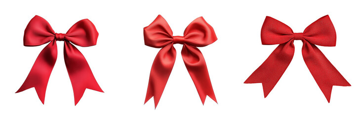 A bright red bow with long, flowing tails and a slightly metallic sheen, perfect for decorating trees or gifts, isolated on a transparent background 