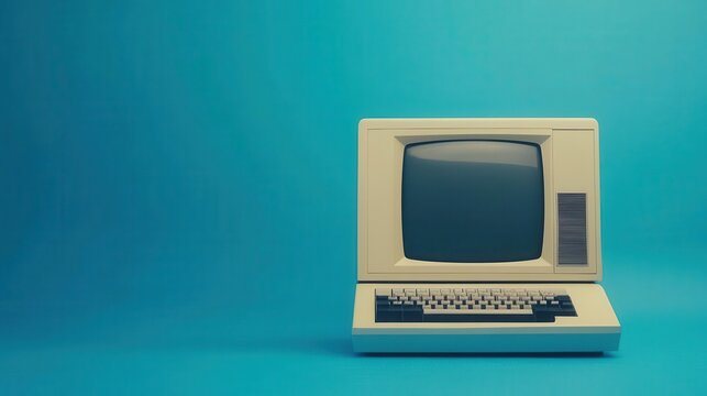 nostalgic retro computer resting against a vibrant blue background, reflecting the charm of vintage technology while inviting viewers to reminisce about the past of computing