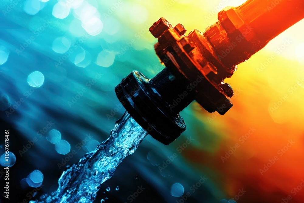 Poster dynamic flow of water from a pipe with a vivid background of colors and light effects