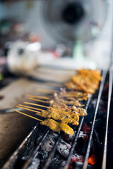 Satay is another Thai dish made from sliced pork and plugged with a bamboo stick cooking on flame stove