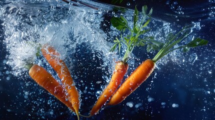 Food shot, using a super wide angle, two carrots and green leaves falling into the water