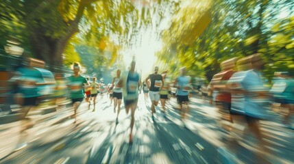 Defocused individuals making big strides for charity at a community race.