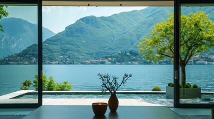 looking out of the window at Lake Como with green mountains in background