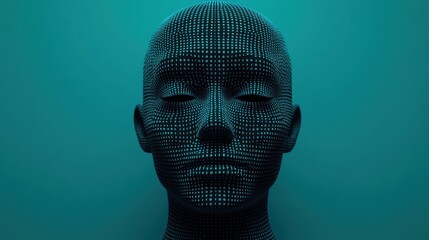 Abstract digital human face, mesh pattern, teal background