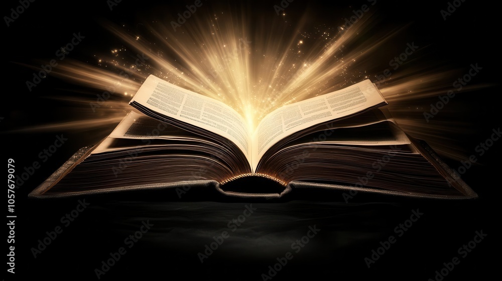 Poster open book with pages flying away, illuminated by bright rays of light breaking through a dark backgr