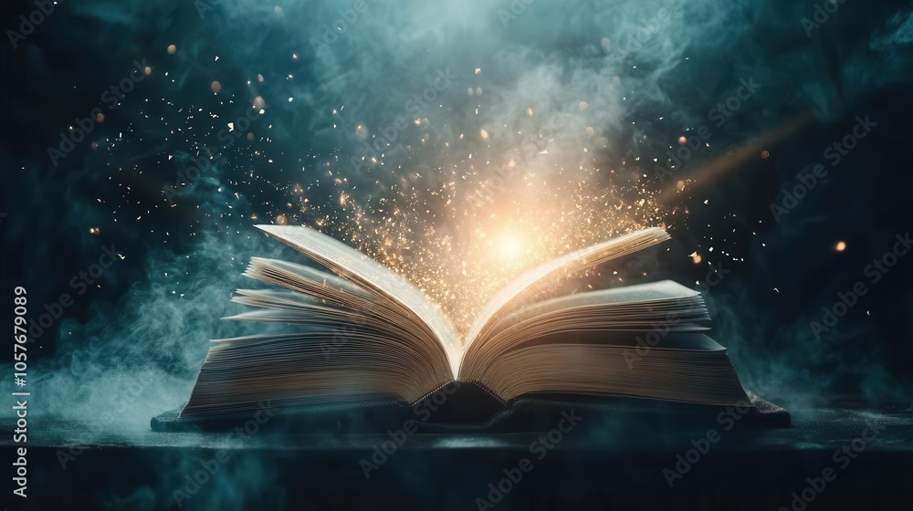 Poster open book with pages flying away, illuminated by bright rays of light breaking through a dark backgr