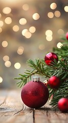 Obraz premium A vibrant traditional Christmas background featuring a beautiful red ornament resting on a lush evergreen branch, surrounded by softly glowing holiday lights