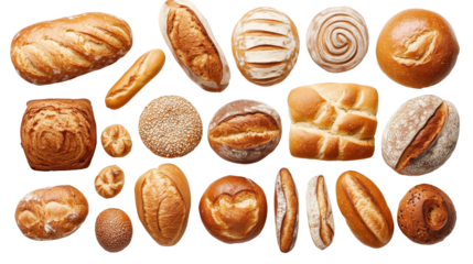 Varietà di pane in esposizione. Ogni forma racconta la tradizione e l'artigianalità della panificazione, offrendo una ricca esperienza sensoriale. Cut out, su sfondo trasparente.