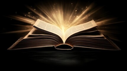 open book with pages flying away, illuminated by bright rays of light breaking through a dark background, symbolizing the power of knowledge and imagination in a dynamic composition