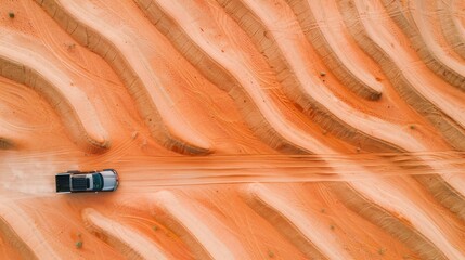 Aerial view of a car driving on a desert road