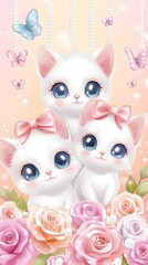 Cute White Kittens Surrounded by Roses and Flowers, Abstract Image, Texture, Pattern Background, Wallpaper, Cover and Screen for Smartphone, PC, Laptop, 9:16 and 16:9 Format
