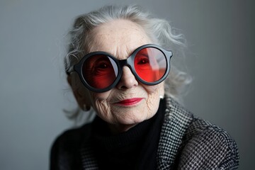 Portrait of a fashionable senior woman with red sunglasses and bold lipstick, exuding confidence and defying age stereotypes