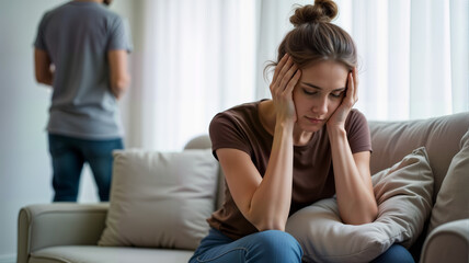 A woman sits on a couch, visibly distressed, while a man stands in the background, creating a tense atmosphere. Image is ideal for articles on relationship issues, mental health, and emotional support