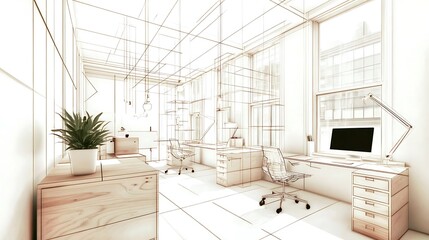 Modern Minimalistic Concrete Coworking Office room with Blank Walls, High Ceilings,and Mockup Frame
