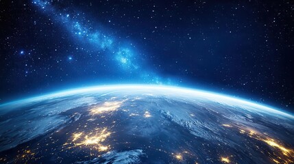 Obraz premium panoramic view of earth from space, showcasing glowing city lights, swirling clouds, and the curvature of the planet against a backdrop of starry darkness