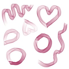 Abstract pink translucent ribbons curved into various shapes on a white background. The ribbons create a sense of fluidity, lightness and elegance, forming unique silhouettes hearts and circle