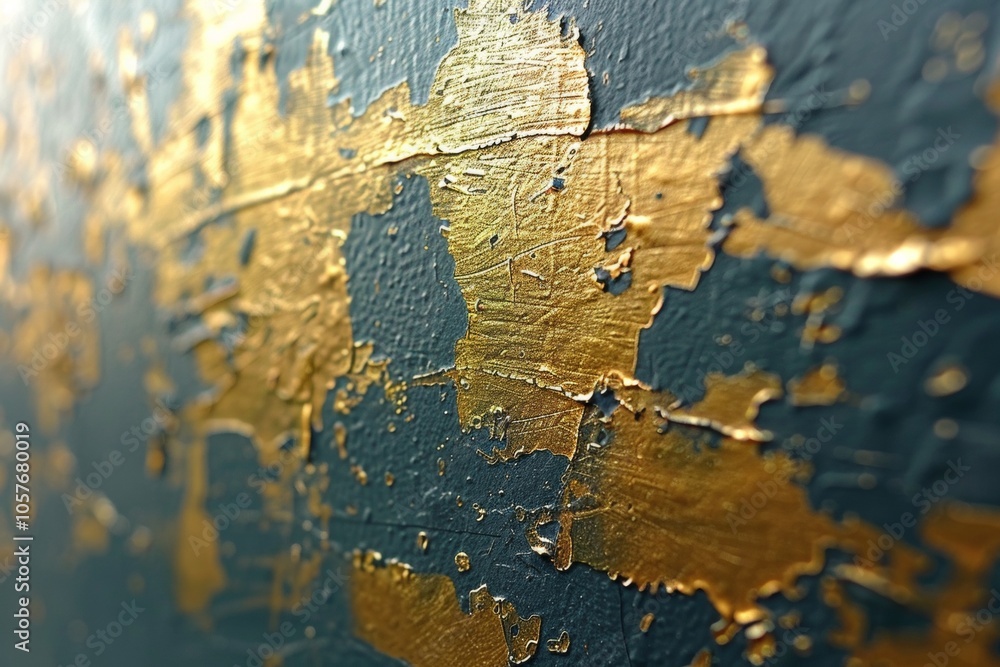 Poster a close-up view of a richly textured surface featuring layers of shiny gold against a deep blue back