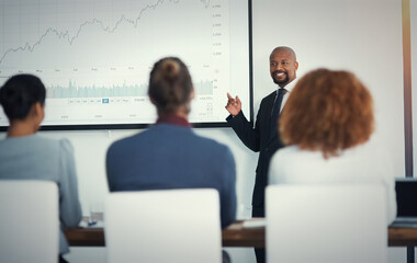 Man speaker, finance and presentation in office with people, annual report and pitch for investment opportunity. Presenter, investors or data chart on screen for growth projection, timeline or profit