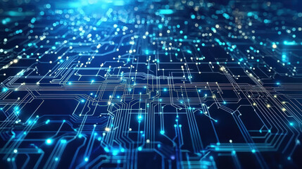  A detailed digital circuit network in blue lights, symbolizing connectivity, data flow, and advanced technology