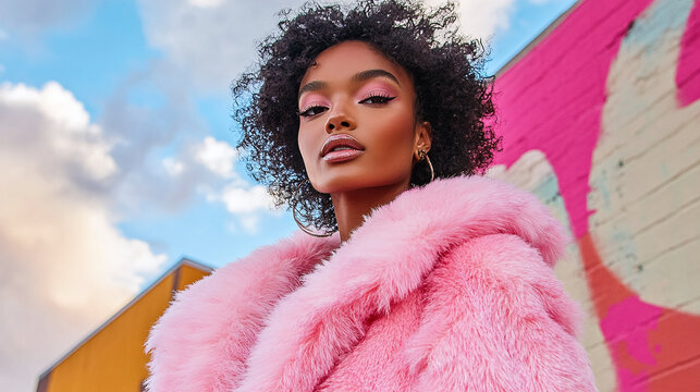 A confident model poses outdoors in a luxurious pink fur coat, exuding fashion and style against a colorful mural backdrop.