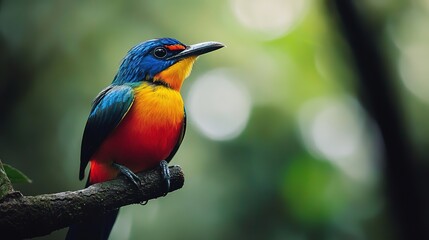 Obraz premium A close-up wildlife photograph of a colorful bird perched on a tree branch, with the forest blurred in the background.