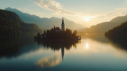 Obraz premium picturesque lake bled, surrounded by lush greenery and mountains, featuring a charming island with a traditional church, evoking tranquility and natural beauty in a stunning landscape