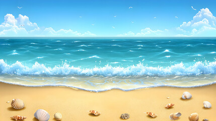 Obraz premium Tranquil sandy beach with blue sky and ocean waves.