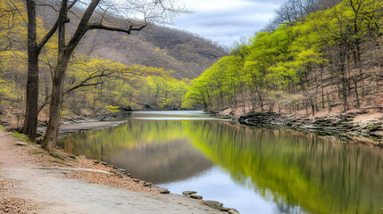 Tranquil river scene with lush green trees reflected in the water.