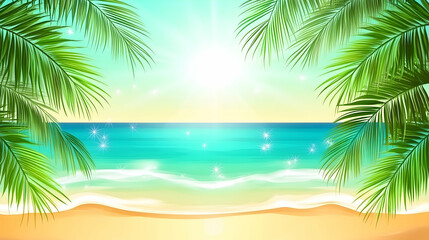 Obraz premium Tropical Beach Scene with Palm Tree Leaves, Sun, and Ocean.