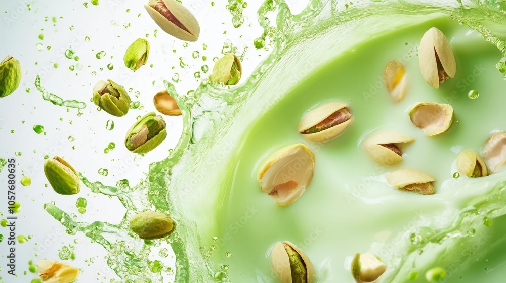 Poster pistachio nuts cascading into a splash of vibrant green milk, defying gravity against a crisp white 