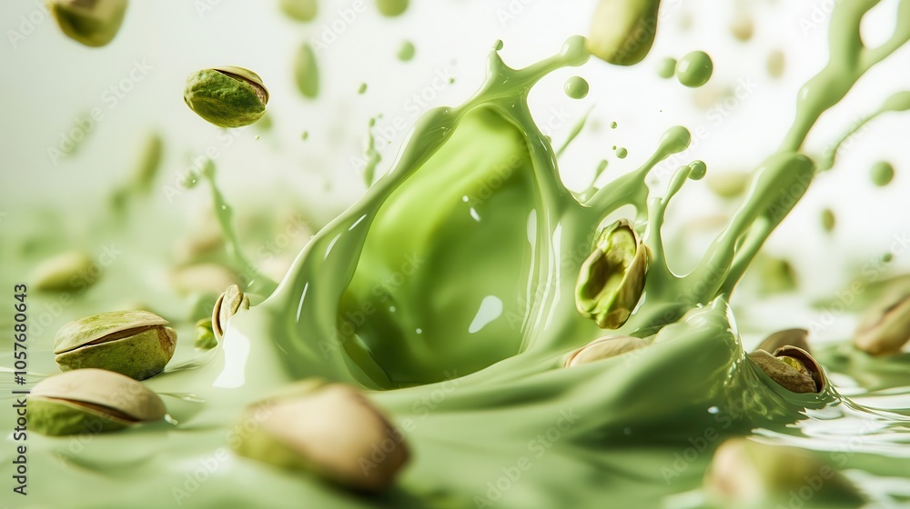 Poster pistachio nuts cascading into a splash of vibrant green milk, defying gravity against a crisp white 